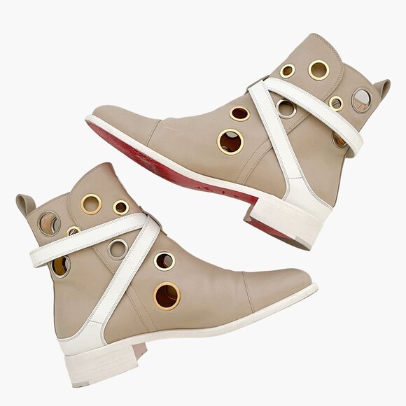 Christian Louboutin Scubabootie Boot EU 37 US 7 Beige Tan Grommet Flat Bootie - Picture 8 of 14